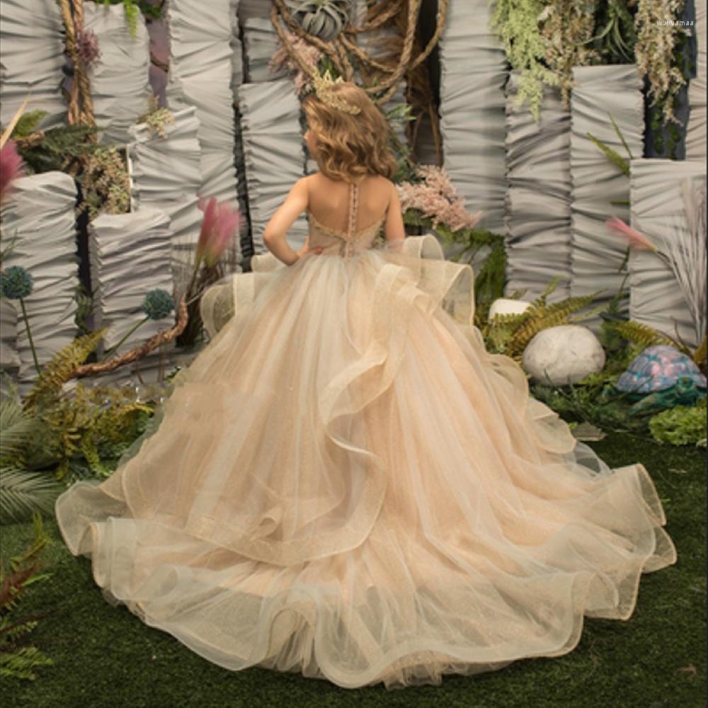 

Girl Dresses Flower For Weddings Wrap Bust Ball Gown Tulle Appliques Beaded First Holy Communion Little, Custom color