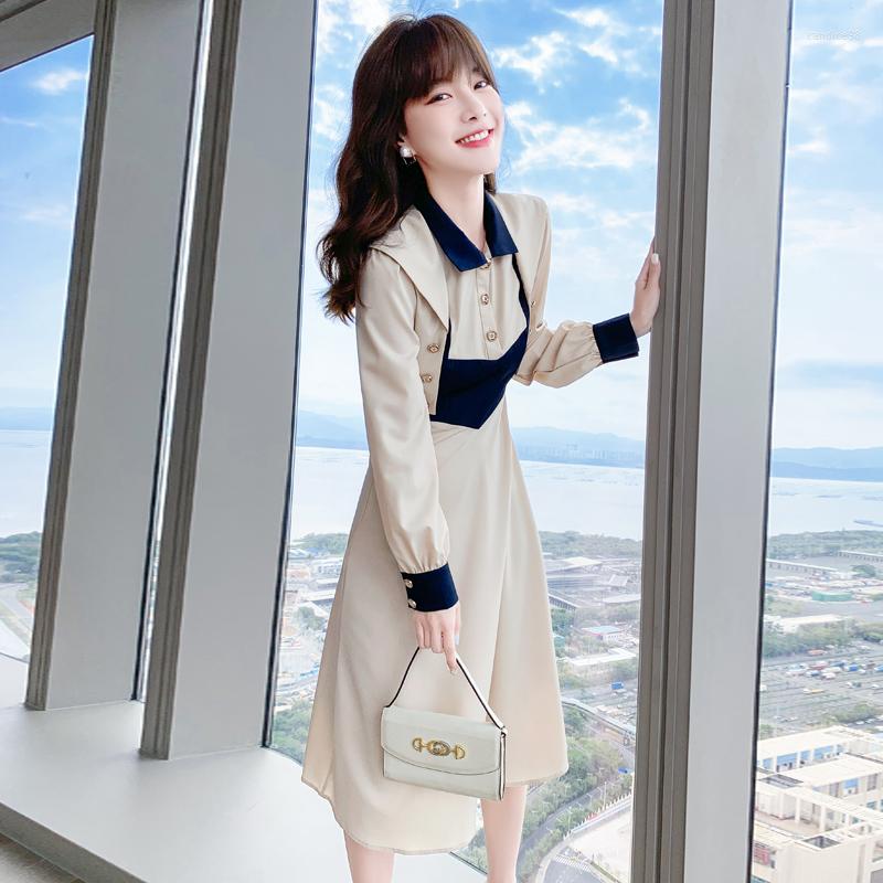 

Casual Dresses Trendy Spring One-Piece Women Korean Fashion Contrast Stitching Waist Was Thinner High-End Western Dress French Lady Vestidos, Photo color