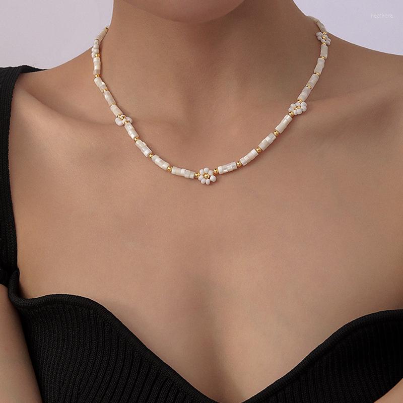 

Choker INS Stainless Steel White Shell Beaded Japanese Seed Beads Flower Necklaces For Women Handmade Collar Female Waterproof