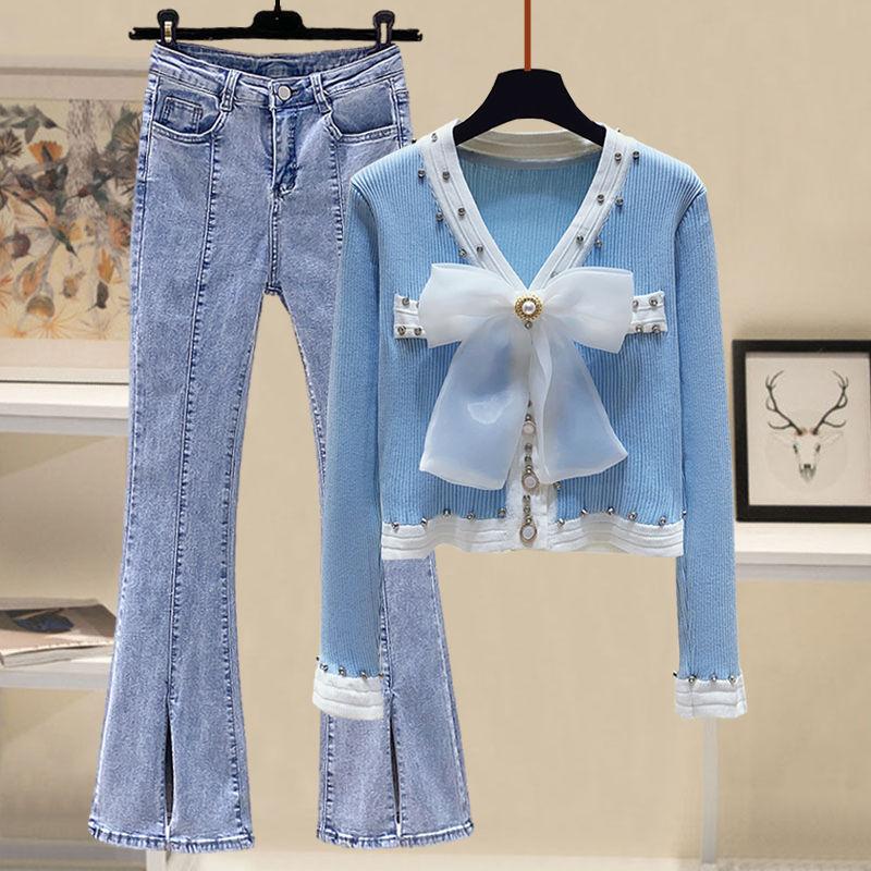 

Women's Two Piece Pants Spring Autumn Casual Sweater Tops Jeans Pieces Women Denim Trousers Suits Korean Elegant Clothing Set E217Women's, Blue