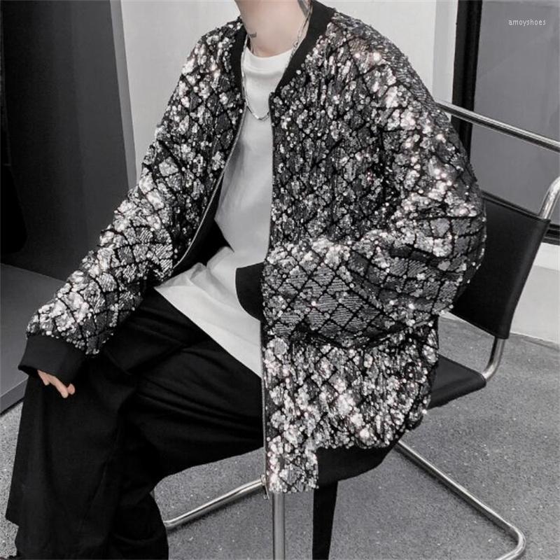 

Men's Jackets Shiny Beads Jacket Men'S Short Coats Reflective Stage Costume Male And Female Singers Nightclub Fashion Gold Silver Black