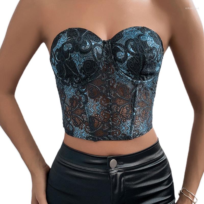 

Bras Sets Women Sexy Strapless Corset Crop Top Vintage Hollow Out Floral Lace Bustier Bandeau Push Up Underwire Fish Boned Tube