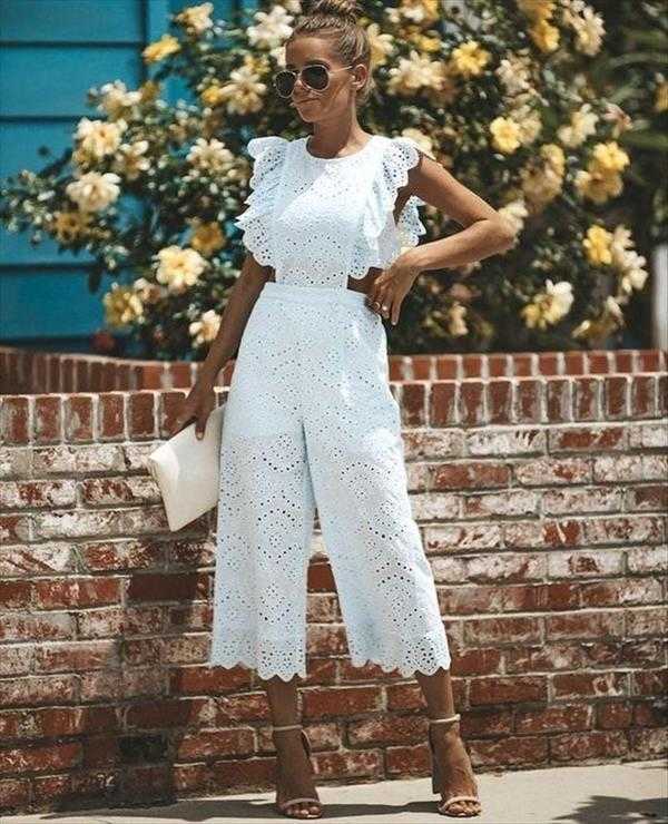 

Summer Womens Round Neck Slim Pants Fit Bodysuit Solid Color Cropped, White