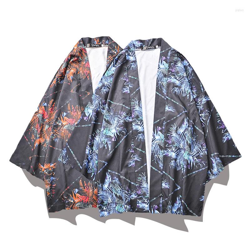 

Ethnic Clothing 2023 Summer Retro Chinese Style Boys Youth Three-quarter Sleeve Students Thin Leaf Print Kimono