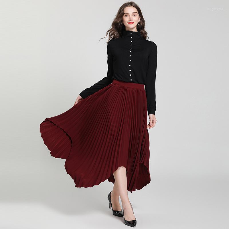 

Skirts Summer Long Women' Skirt Elegant Pleated Wine Red Spring Womens Korean Faldas Mujer Moda 2023 KJ2102