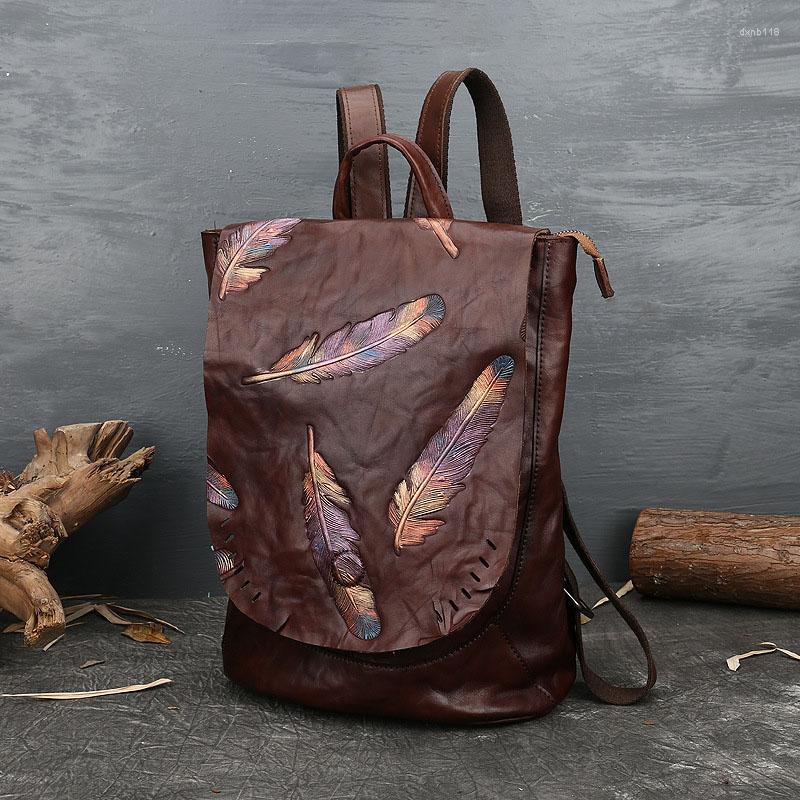 

School Bags EUMOAN Genuine Leather Bag For Women Retro Embossed Women's Double Shoulder Head Layer Cowhine Travel Backpack Wome