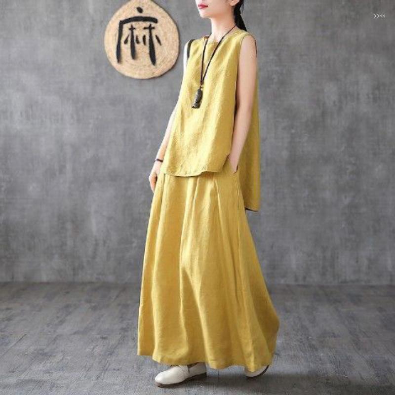 

Skirts Skirt Suits Temperament Cotton And Linen Two Piece Sets Womens Outifits Solid Retro Vest Loose Casual A-LINE Elegant Long, Black vest