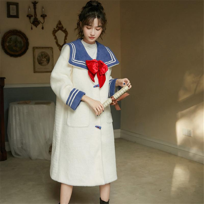 

Women's Fur & Faux Winter Mink Velvet Horn Buckle Navy Stand-Up Collar Mid-Length Large Size Loose Casual Coat Bow, White