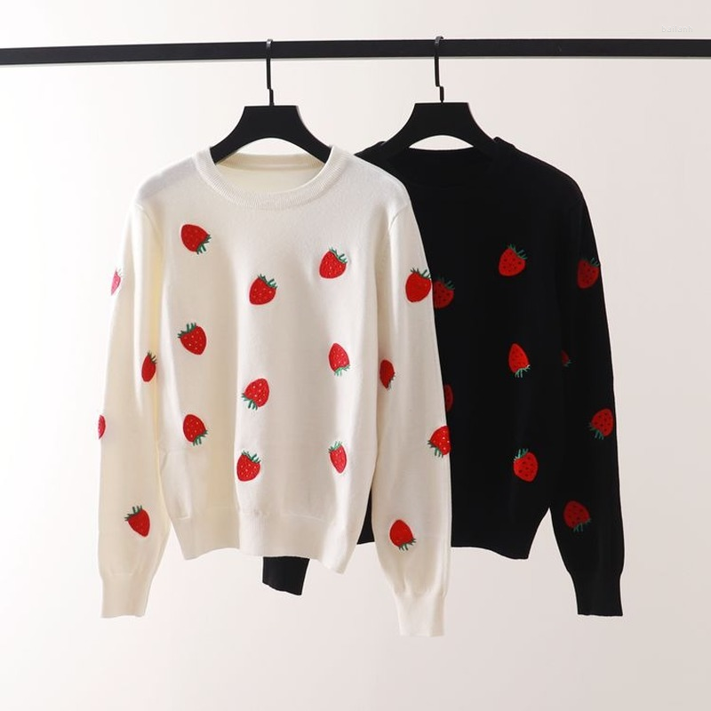 

Women' Sweaters 2023 Black White Wool Sweater Pullovers Women Jumper Strawberry Embroidery Knit Tops O-Neck Knitwear Kawaii Japanese Korean