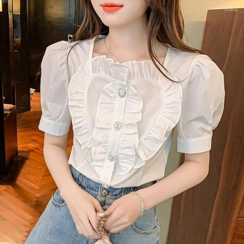 

Women' Blouses Love Blouse Female Short -sleeved Shirt Women' Design Sentence Summer 2023 Unicus Solid Casual Bubble Sleeve Jacket, White