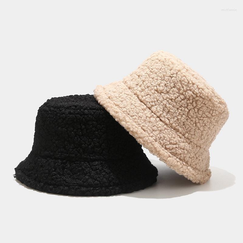 

Berets 2023 Bucket Hat Lamb Faux Fur Winter Warm Velvet Hats Caps For Women Lady Outdoor Panama Fisherman Female, White