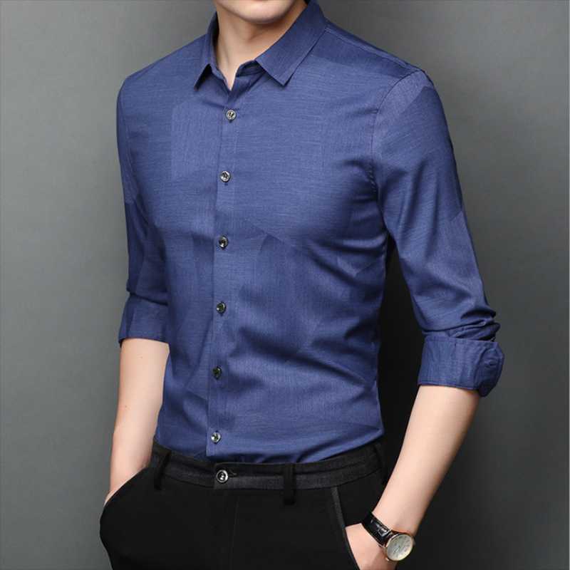 

Men's Dress Shirts Plain Men Fashion Formal Business Long Sleeve Interview Slim Fit Male Office Clothes, Blue