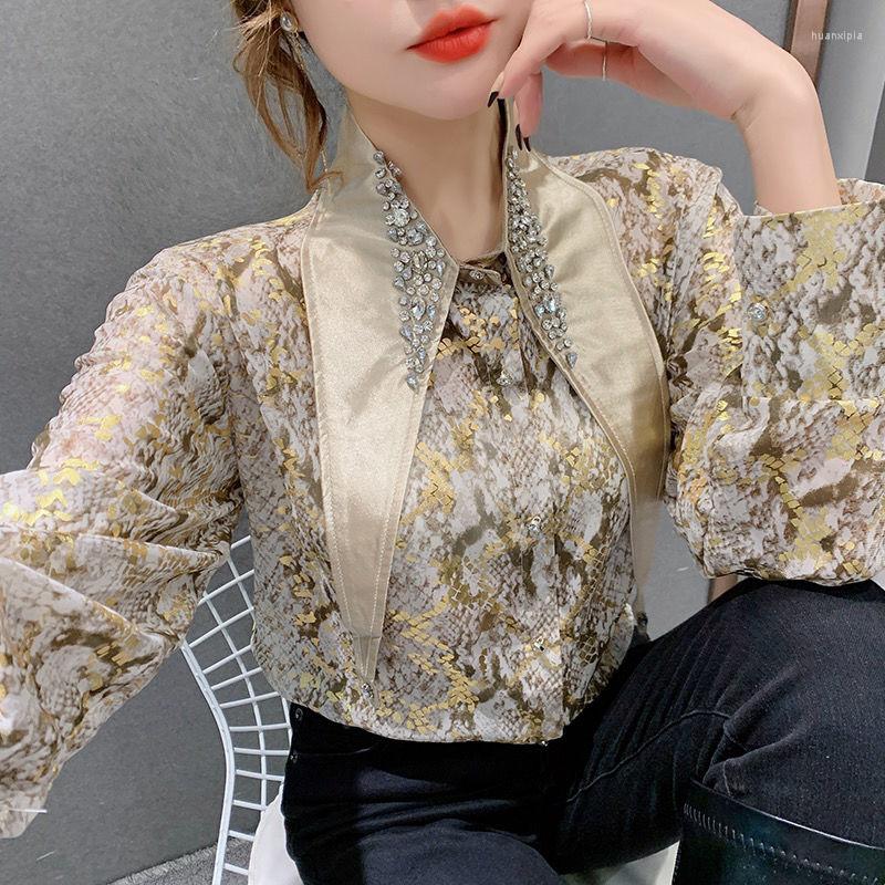 

Women' Blouses Casual Dress Female 2023 Spring High-end Beaded Lapel Design Sense Chiffon Shirt Foreign Printing Long-sleeved Blouse Women, Khaki