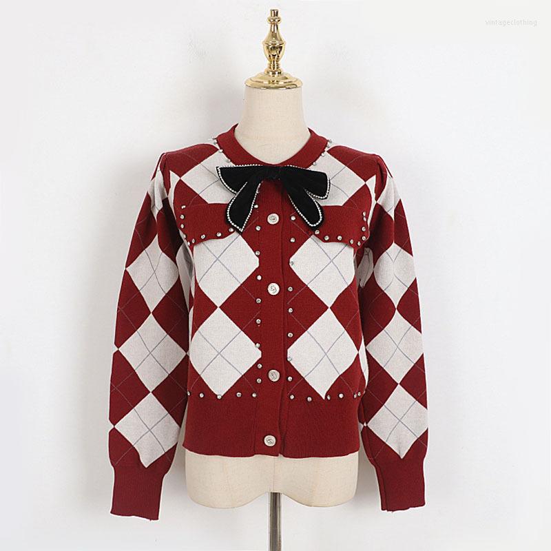 

Women' Knits SAYTHEN Diamond Retro Single-Breasted Sweater Women Girls POLO Neck Bowknot Long Sleeve Knitwear Cardigan, Same as picture