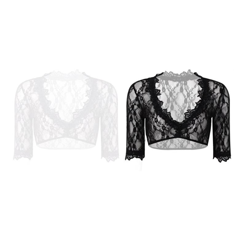 

Bras Sets Ladies Women Vintage Dirndl Blouse Crop Tops Bavarian Oktoberfest Costume Sexy Transparentes Sheer Lace Half Sleeve BlousesBras, Black