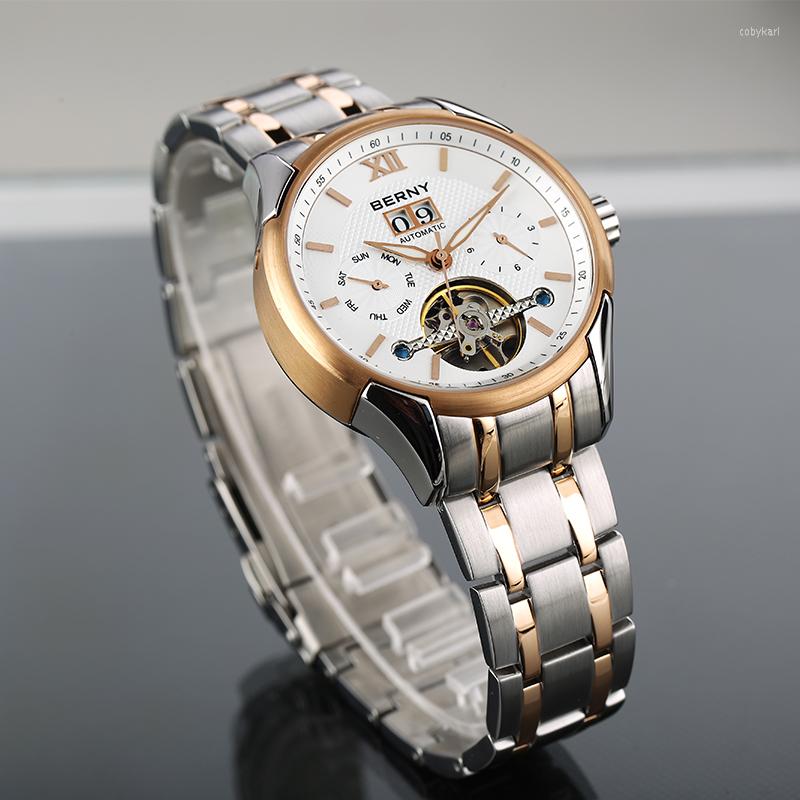 

Wristwatches Berny Automatic Watch Men 5ATM Waterproof Luminous Hands Stainless Steel Wristwatch Calendar Male Clock Luxury For Man, Am052m-a