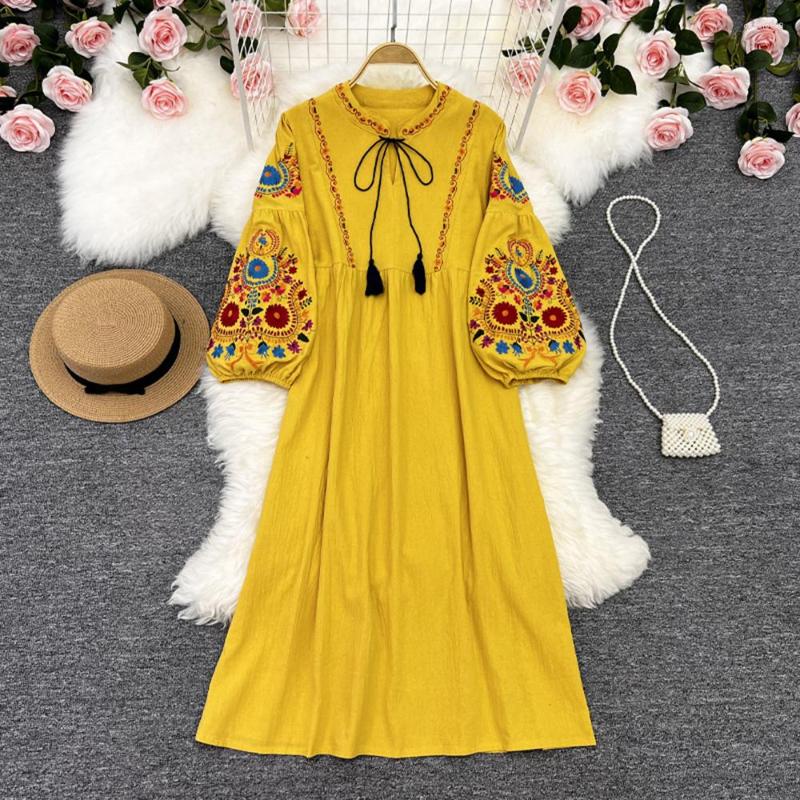 

Casual Dresses Women Autumn Boho Embroidered Flower Lantern Sleeve High Waist Long Loose Dress Elegant Ethnic White, Red