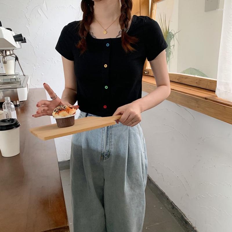 

Women's T Shirts Solid Color Short-sleeved T-shirt Wild Slim Button Top, Green