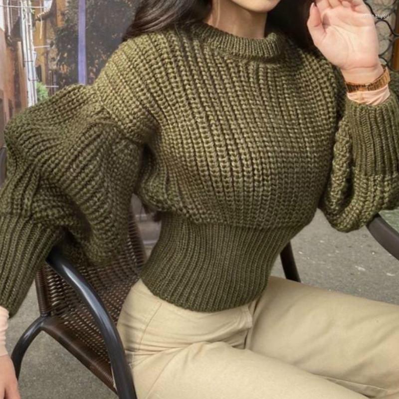 

Women' Sweaters Autumn O Neck For Women Fashion Pullovers Solid Slim Sweater Lantern Sleeve Knit Elegant Streetwear Khaki Temperament, Army green