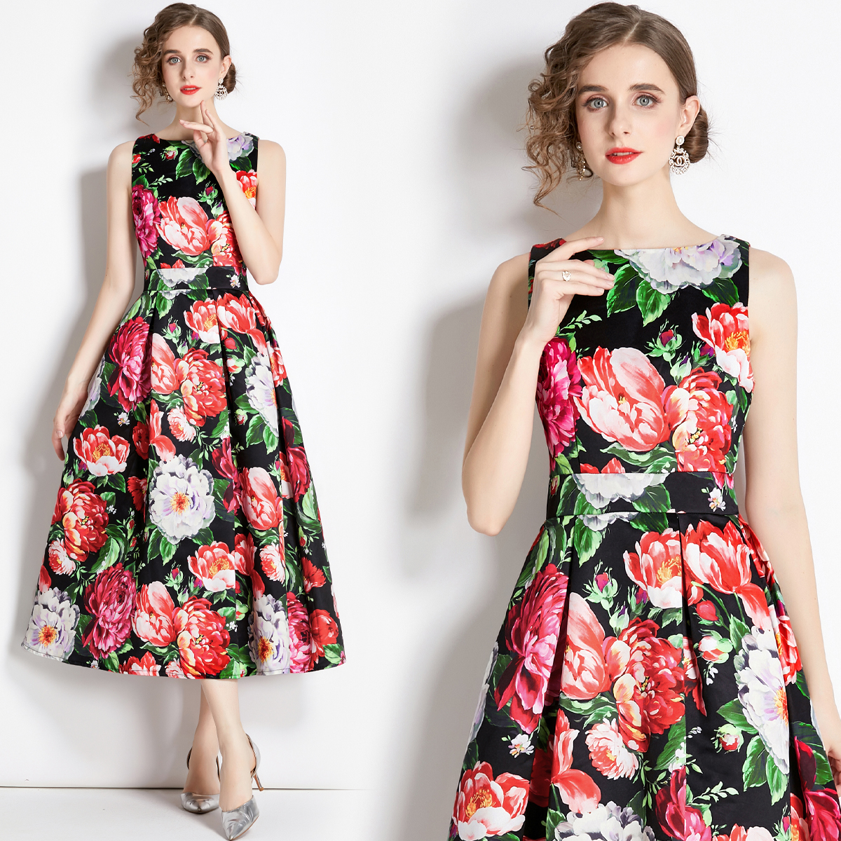 

2023 Summer Floral Print Women Vest Dress Boat Neck Woman Designer Street Style Party Midi Dress Ladies Weekend Slim Loose Big Swing Prom Frocks Resort Chic Club Robe, 15
