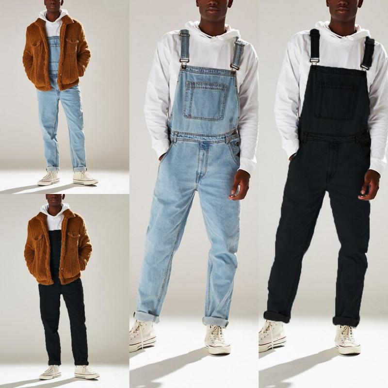 

Men' Jeans High Waist Denim Cargo Pants SuspendersMen, Black