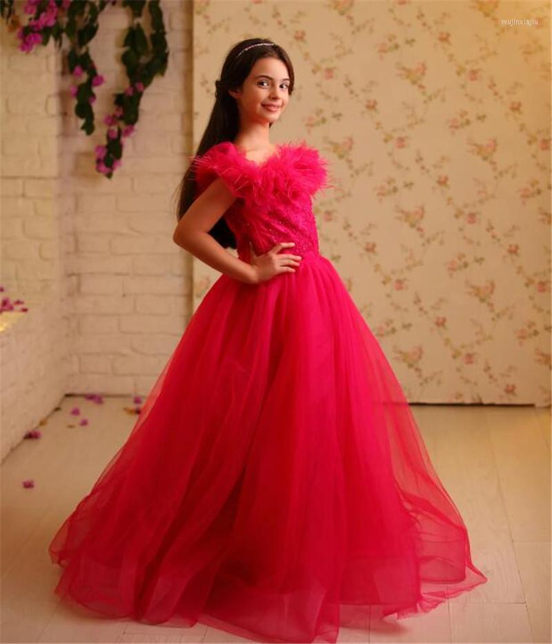 

Girl Dresses Off The Shoulder Red Flower Dress Feather Lace Tulle Princess Pageant Gown Birthday First Communion, Custom color