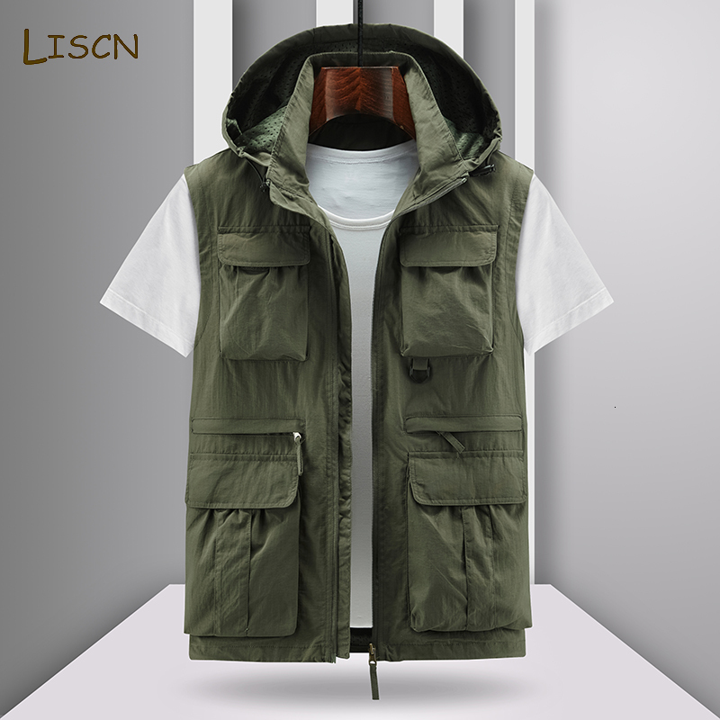 

Men s Vests Many Pocket Sleeveless Jacket Fishing Casual Slim Fit Windbreaker Fashion Hooded For 230225, Grey jacket