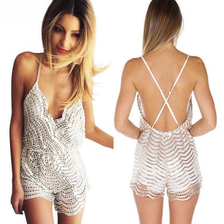 

Wholesale Eaby Deep V Neck Sexy Backless Jumpsuit Sequin Sling Shorts, White silver
