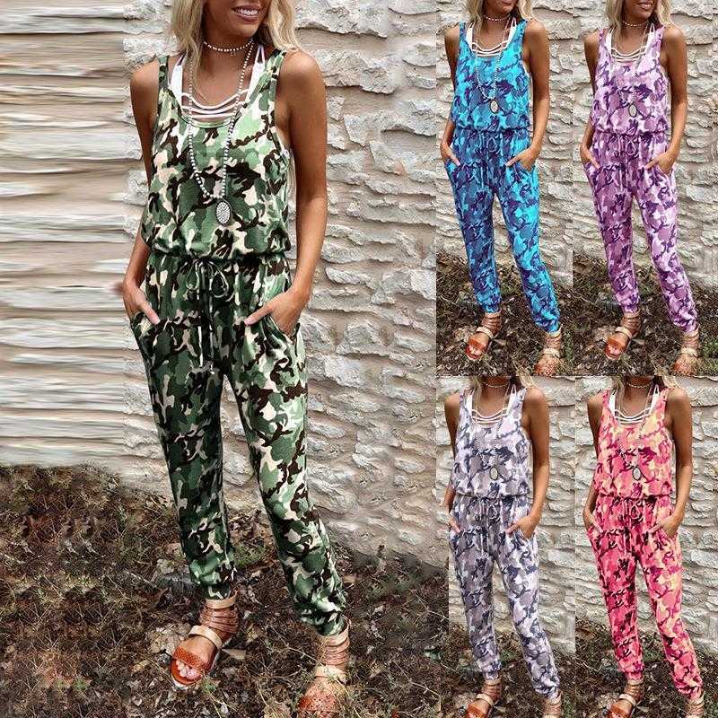 

Womens Camouflage Printed Round Neck Jumpsuit Sleeveless High Waist Casual, Purple