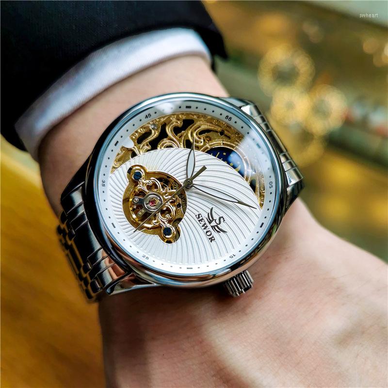 

Wristwatches JOJOZ Automatic Mechanical Watch Men's Hollow Tourbillon Luminous Waterproof Business Retro Style, Brown