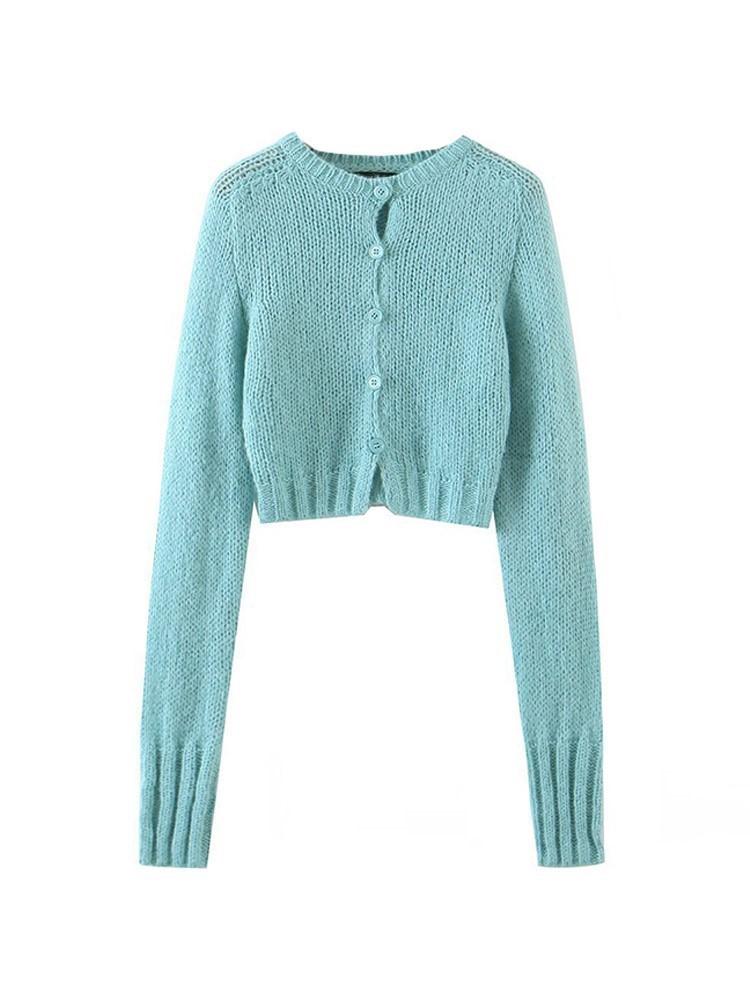 

Women' Knits & Tees OneBling 2023 Women Autumn Cropped Long Sleeve Knit Single Breasted Femme Chic O Neck BlueCardigan SweatersWomen' Wome, Bl