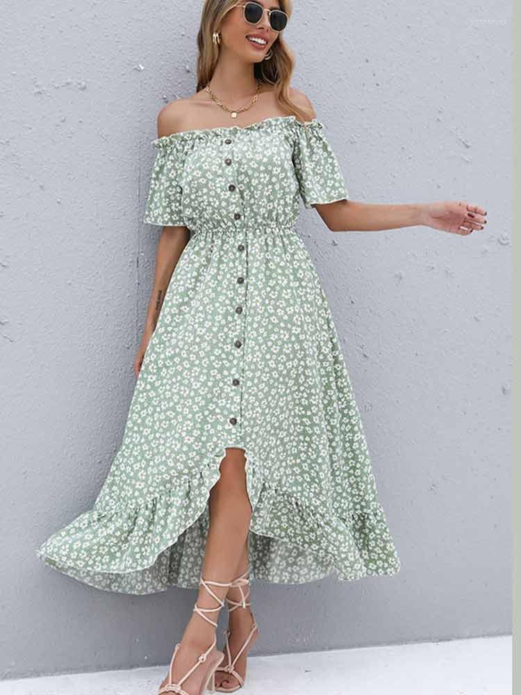 

Party Dresses Floral Printed Dress Summer Sexy Off The Shoulder Boho Vintage Autumn Women Green Button Ladies Woman, Black