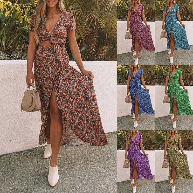 

Autumn Fashion Dresses Printed V Neck Short Sleeve Sexy Irregular Skirt Suit For, Flower type 1