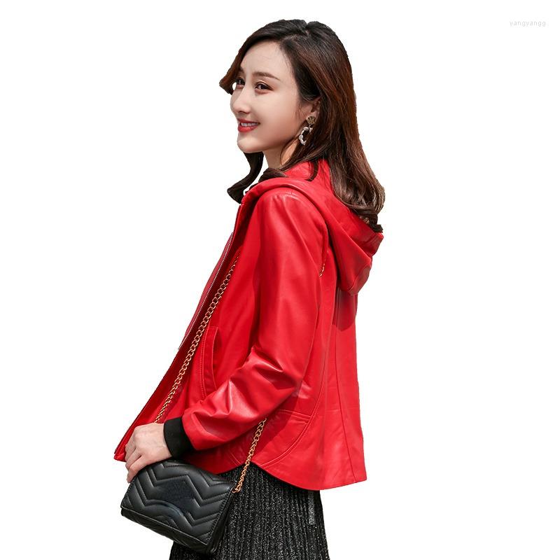 

Women's Leather 2023 High Quality Real Jackets Women Hooded Female Coat Autumn Sheepskin Women's Coats Femme Veste Zjt2660, Black