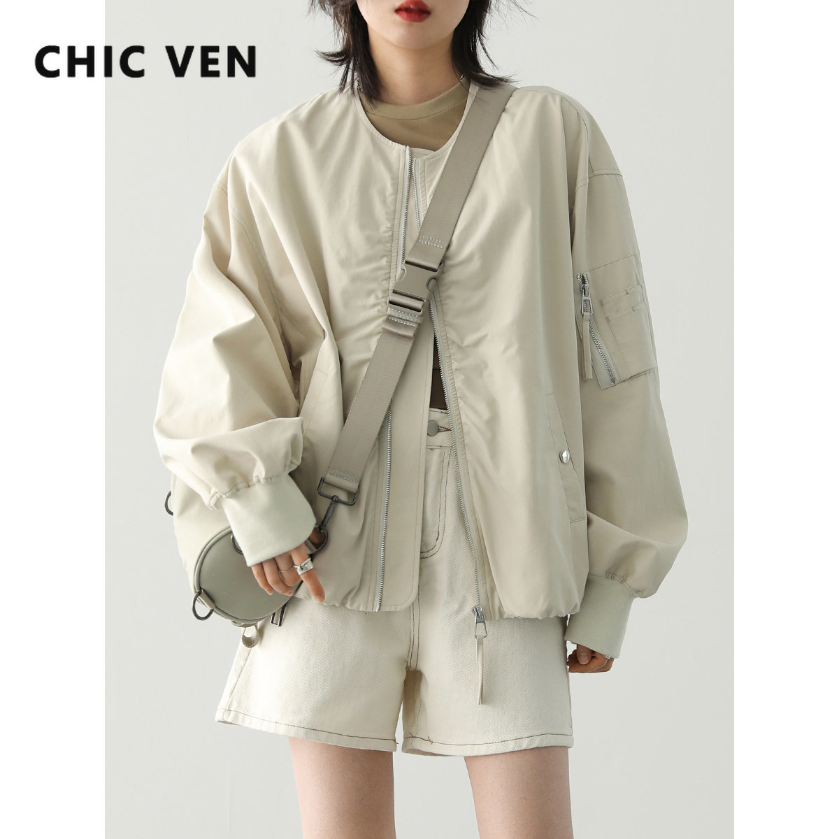 

Women  Jackets CHIC VEN Jacket Streetwear Sports Round Neck Pleated Trench Female Short Coat Woman Clothing Spring Autumn 2023 230225, Black