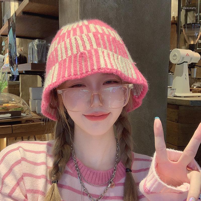 

Berets 5Color Autumn Winter Plaid Pink Stripe Fisherman's Hat Warm Windproof Basin Fashion Versatile Student Girl Shopping, Black