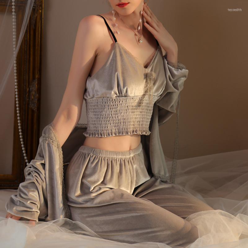 

Women's Sleepwear Champagne Bathrobes Velvet Set Woman 3 Pcs Ruched Robe Women's Pajamas Sexy Long Pant Pijama Robes Women Pajama Sets, Black