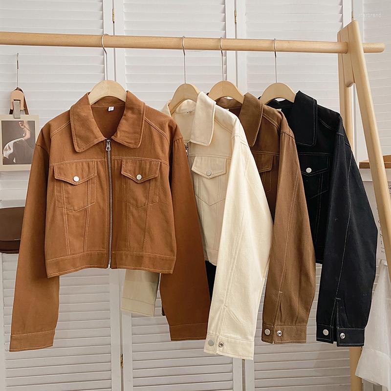 

Women's Jackets Fashion Women Jacket Korean Style All Matched Turn Down Collar Zippers Solid Color Casual Female Cargo Coats Short Tops, Black