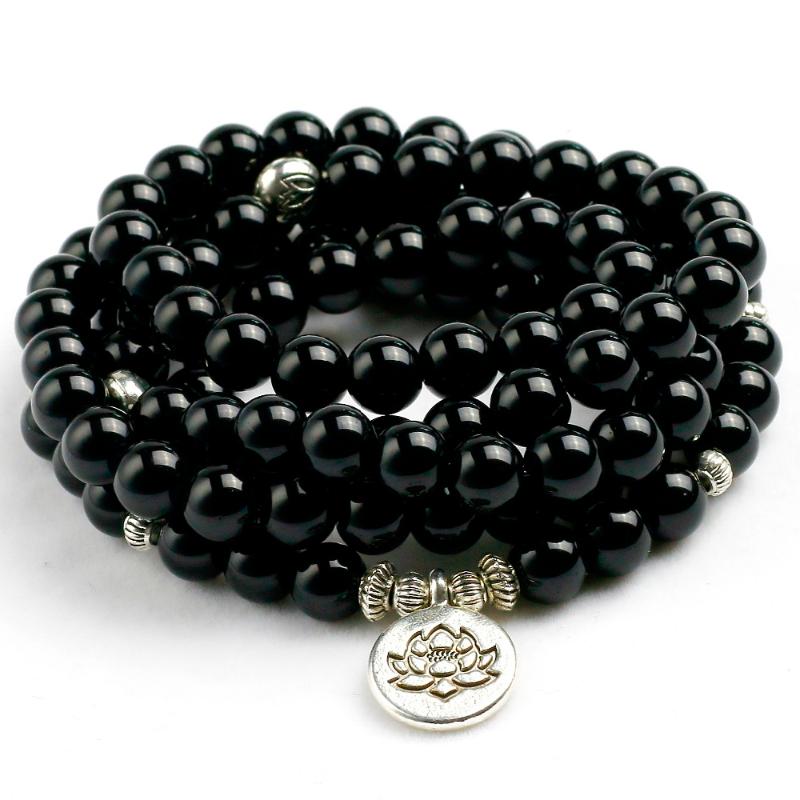 

Strand Beaded Strands Natural Black Onyx Mala 108 Beads Bracelet Necklace Women Men Tree Life Om Charm Stone Powerful Protection Yoga