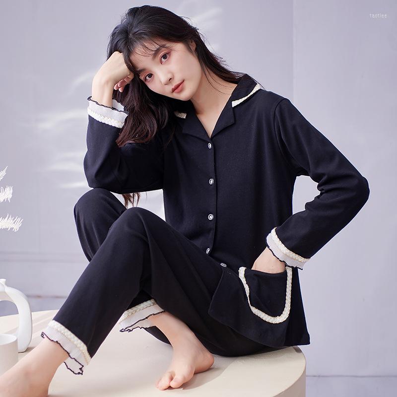

Women's Sleepwear Sexy Sailor Collar Pyjamas Lady Black Cotton Sleep Sets Print Full Shirt&pant 2pcs With Pocket Nightwear Home Wear, 77p5104