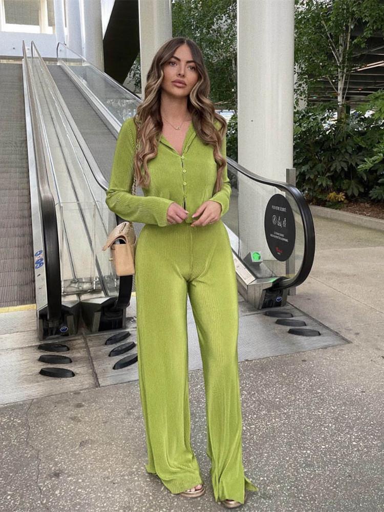 

Women' Two Piece Pants Summer Casual Pleated Two-piece Set Women Loose Cropped Long Sleeve Wide Leg Shirt Trousers Suit Female Fashion Outf, Orange