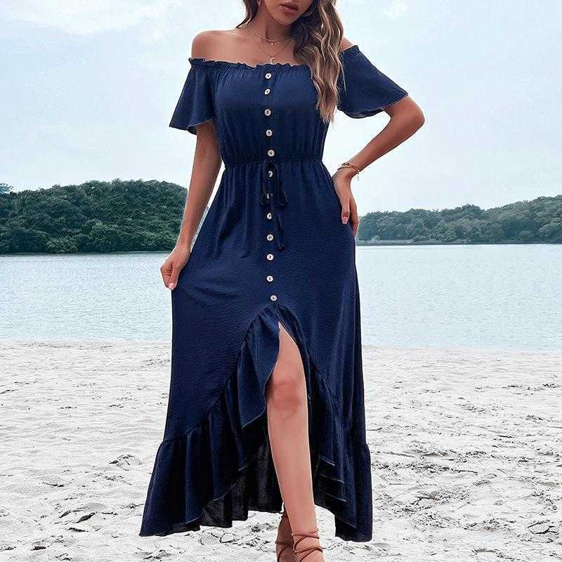 

Summer Solid Color Off Shoulder Dress Ruffled Irregular Blue, Navy blue