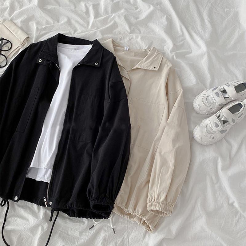 

Women's Jackets Spring Autumn Women Basic Turn Down Collar Loose Zipper Harajuku BF Style Ladies Long Sleeve Oversized Vintage Outerwear, Black