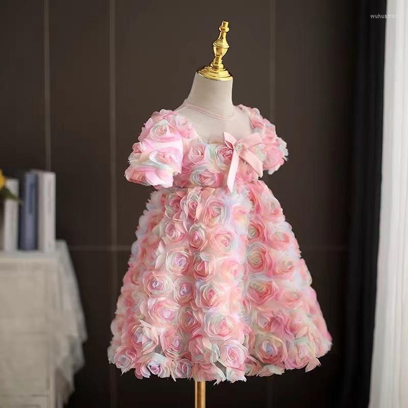 

Girl Dresses Gy Children's Colorful Flower Round Neck Dress Sweet Christmas Party Birthday Formal, Pink