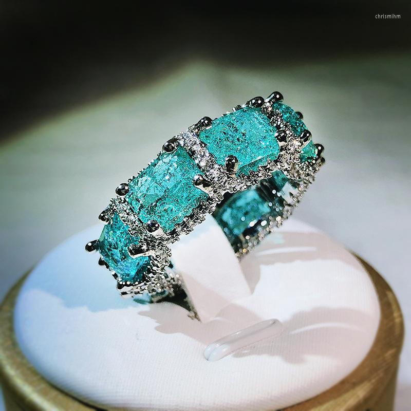 

Cluster Rings 925 Silver High-definition Paraiba Zircon Jewelry Heavy Industry Inlaid Aquamarine Topaz Ring Women's Party Birthday Gift