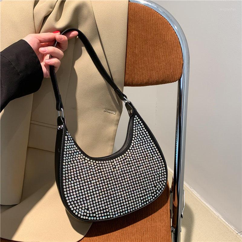 

Evening Bags Women Handbag Luxury Diamond Rhinestones Crescent Underarm Zipper Shoulder Shinny Rhinestone Crossbody Bag 2023, Black