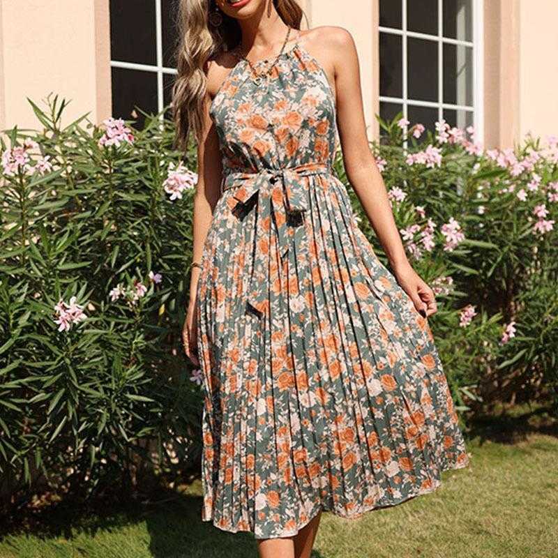 

Summer Sleeveless Suspender Dress Tied High Waist Halter Green, D024 royal blue