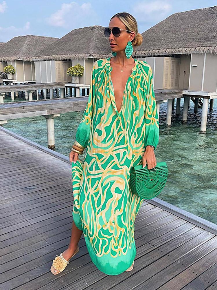 

Casual Dresses Women Vintage Maxi 2023 Summer Sexy Deep V-Neck Long Sleeve Boho Print Female Beach Cover Up Elegant Robe, Multicolor