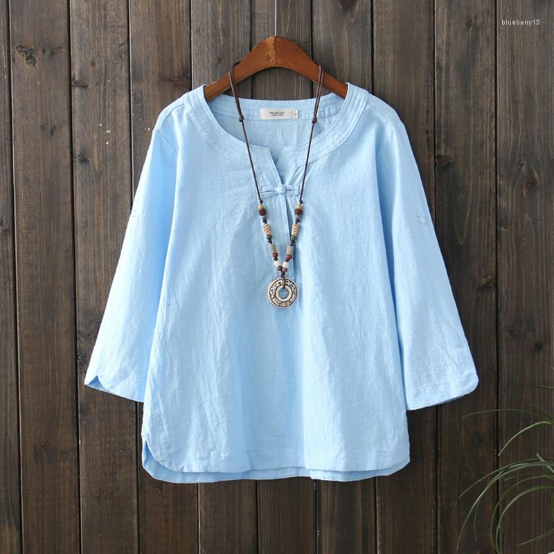 

Women' T Shirts Solid Three Quarter Sleeve Button T-Shirt 2023 Ethnic Simple Cotton Linen Women Spring Summer Casual Loose Tops Clothes, Blue