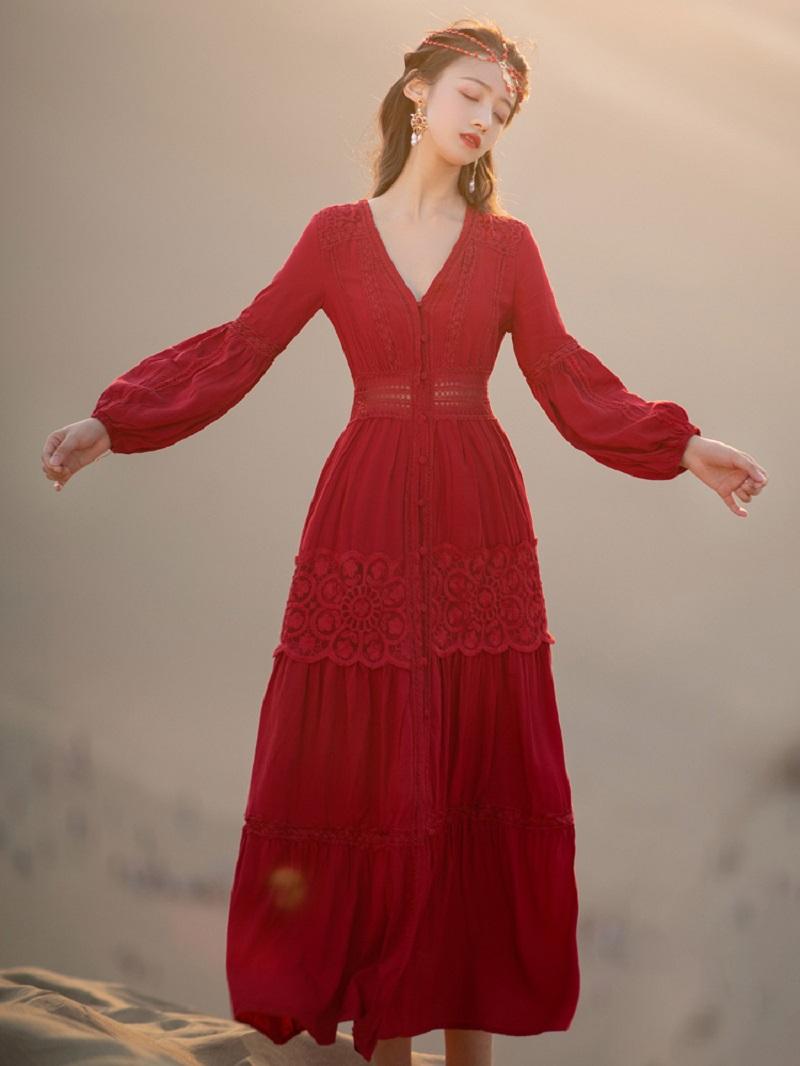 

Casual Dresses Autumn Boho Long Sleeve Red V-neck Women Dress Big Swing Holida Crochet Elegant Embroidery Hollow Out Ruffle Vestido